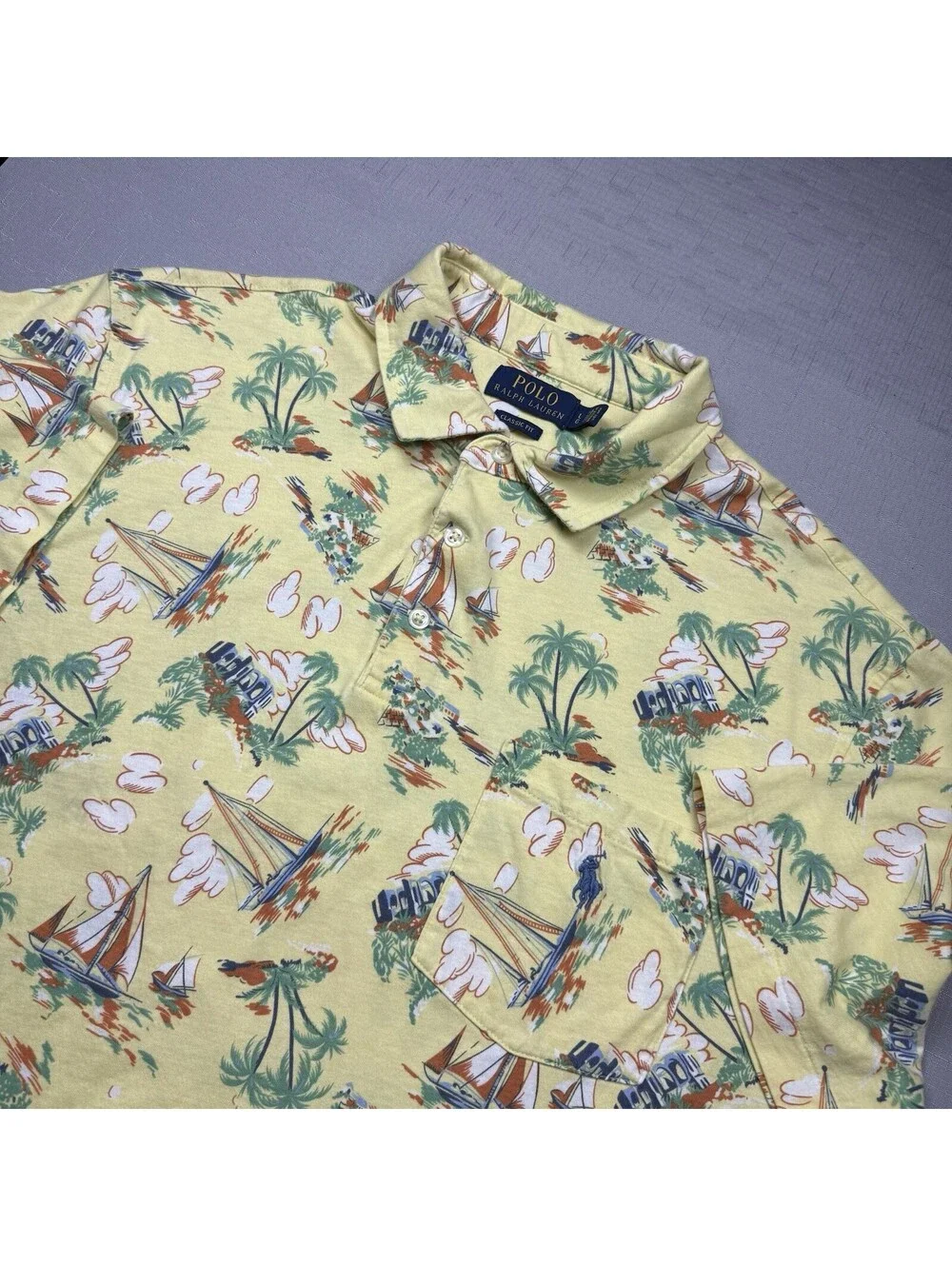 Polo Ralph Lauren Polo Shirt Mens Size L  Yellow Tropical Island Sailboat Print